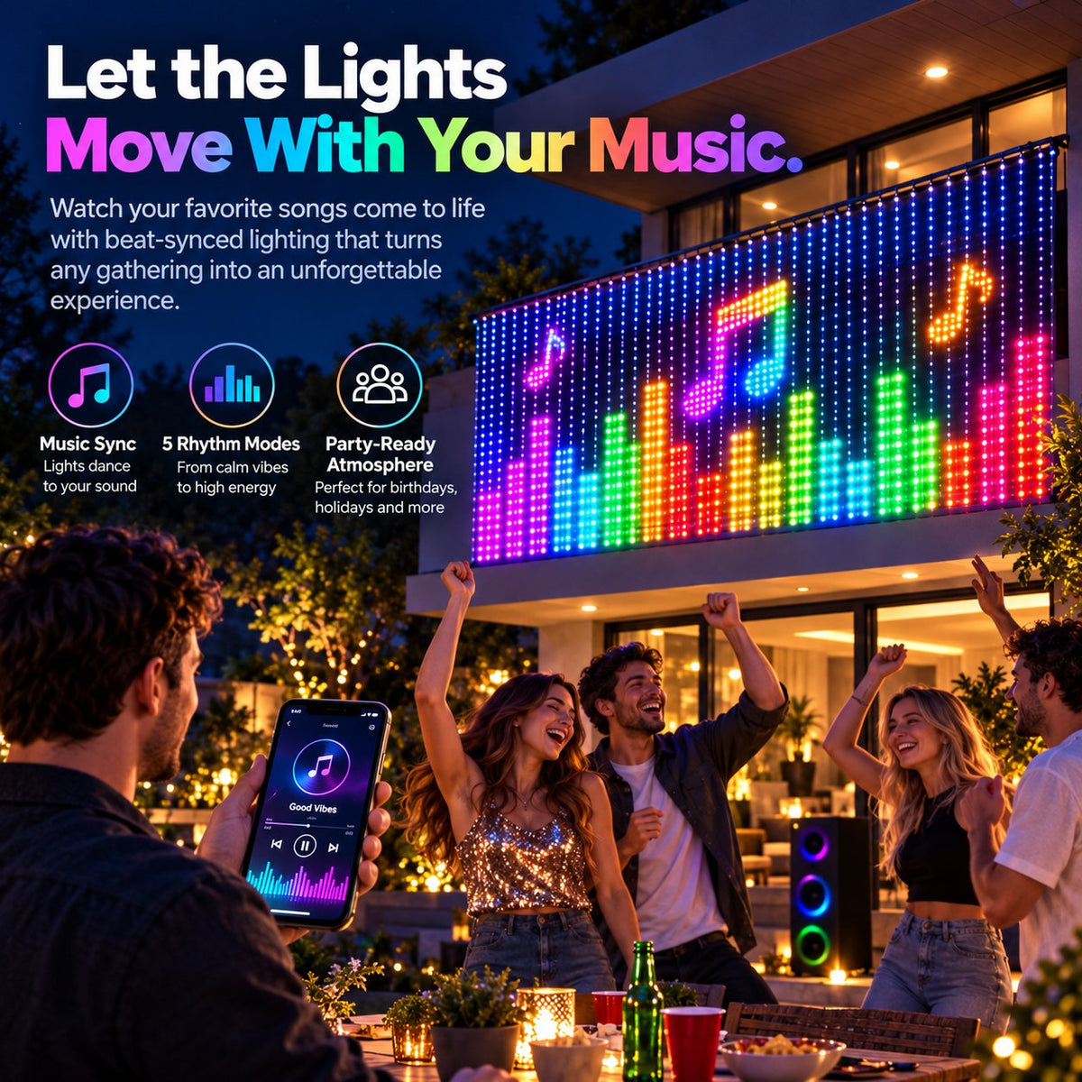 ✨ Smart 300 LED Curtain Lights – Custom Animations, Music Sync & App Control