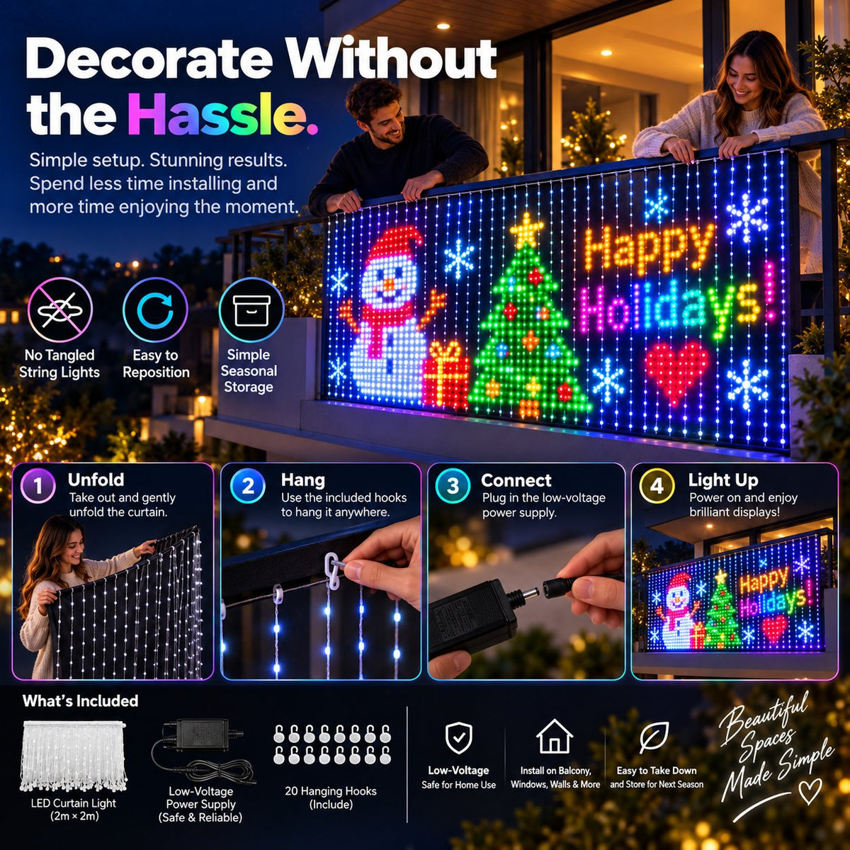 ✨ Smart 300 LED Curtain Lights – Custom Animations, Music Sync & App Control